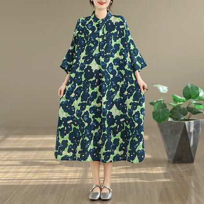 期間限定⭐️60%OFF【ワンピース】コットンリネン プリント 立ち襟 花柄 7分袖 ワンピース 【SHシリーズ】