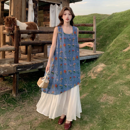 【ワンピース】フレンチ風エレガント お洒落配色プリント風フェイクレイヤード ノースリーブワンピース【SHシリーズ】