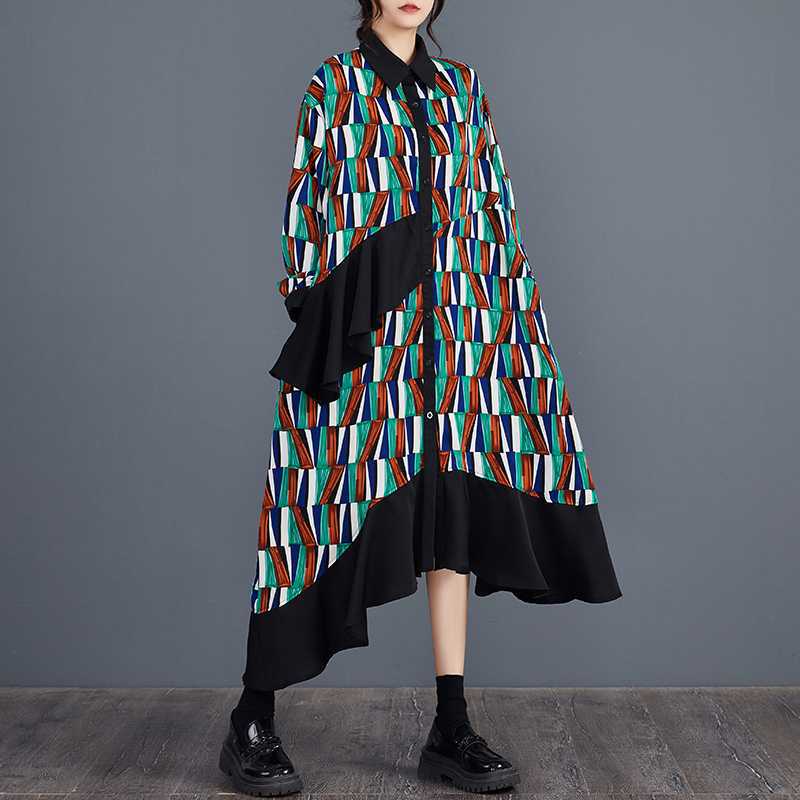 【ワンピース】大きいサイズ プリント 切替 長袖 シャツワンピース 春秋 体型カバー【SHシリーズ】