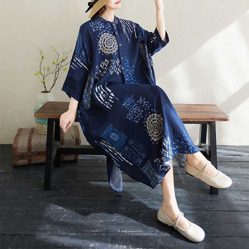 【ワンピース】夏 コットンリネン 立襟 花柄 半袖 ワンピース 【SHシリーズ】