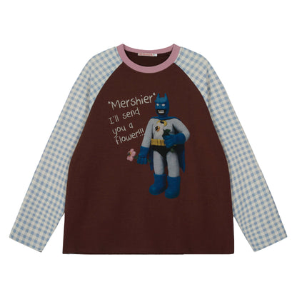 【トップス】レトロデザイン チェック切替 ラグラン長袖Tシャツ レディース ゆったり カジュアル【FCシリーズ】【15〜20日発送】