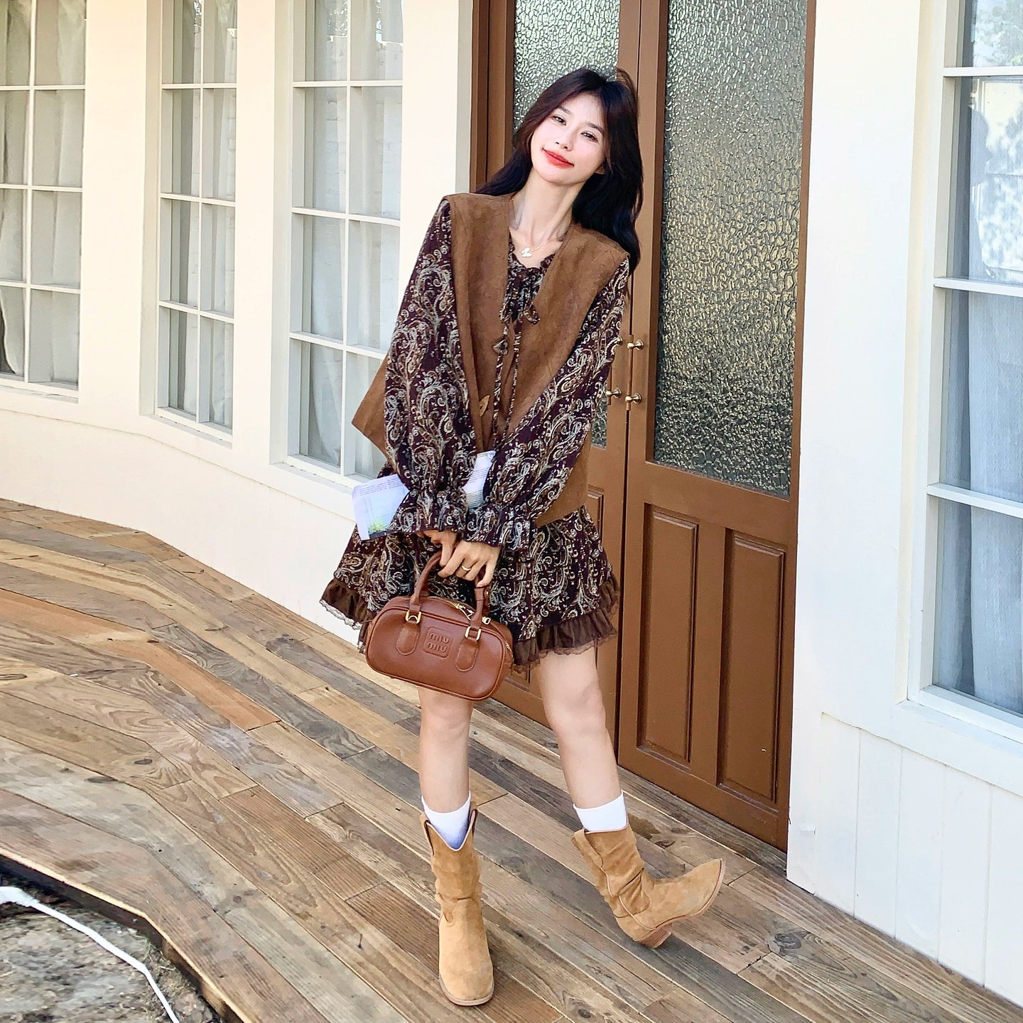 2点セット！【セットアップ】フレンチレトロ メラード 秋新作 おしゃれ  花柄 長袖ワンピース+ベスト セット【SHシリーズ】