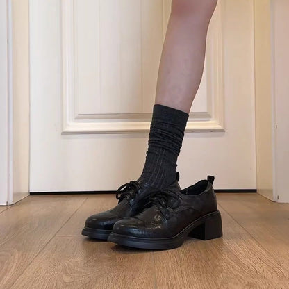 【シューズ】太ヒール 厚底 ヴィンテージ ローファー シューズ  春新作 ファッション ラウンドトゥ レースアップ イギリス風 パンプス