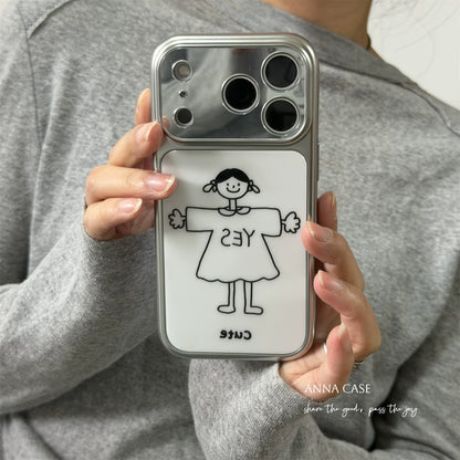 【グッズ】ins風 シンプル ガール / ボーイ 大窓 iPhone17 Pro Max対応 iPhone17 / 16 Pro Max / 16 / 15 Pro / 14対応 電鍍 全面保護 耐衝撃 カップル向け ソフトケース