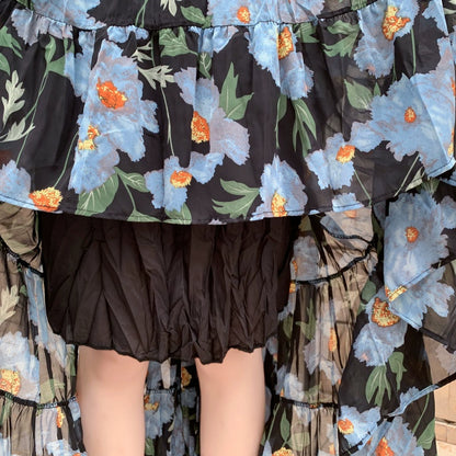 【ボトムス】夏 ヒップカバー ハイウエスト Aライン フラワープリント シフォンスカート【SHシリーズ】