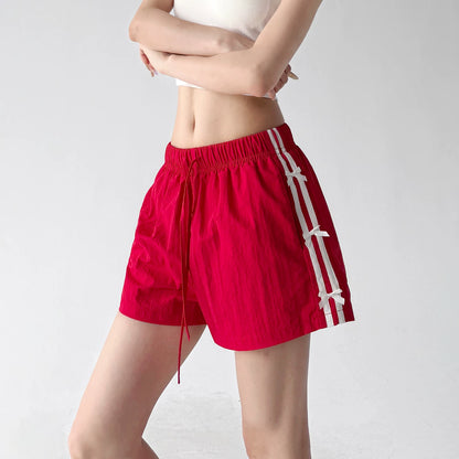 【ボトムス】ショートパンツ レディース 速乾素材 ブラック リボンデザイン ゆったり スポーツ カジュアル【FCシリーズ】
