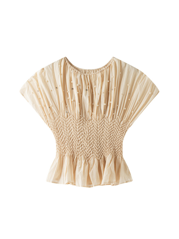 【トップス】夏 ビジュー付き プリーツデザイン クルーネック ブラウス 【SHシリーズ】