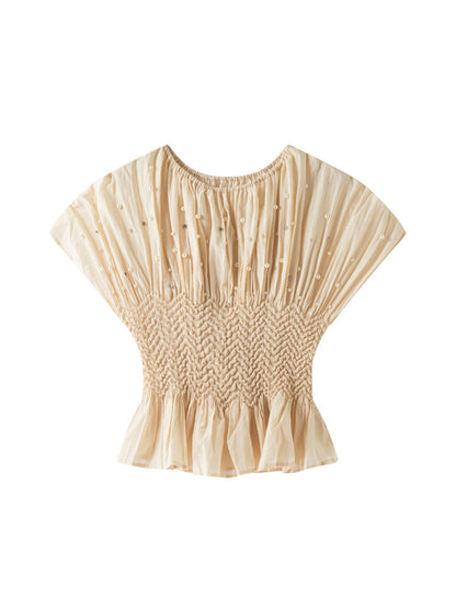 【トップス】夏 ビジュー付き プリーツデザイン クルーネック ブラウス 【SHシリーズ】