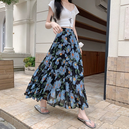 【ボトムス】夏 ヒップカバー ハイウエスト Aライン フラワープリント シフォンスカート【SHシリーズ】