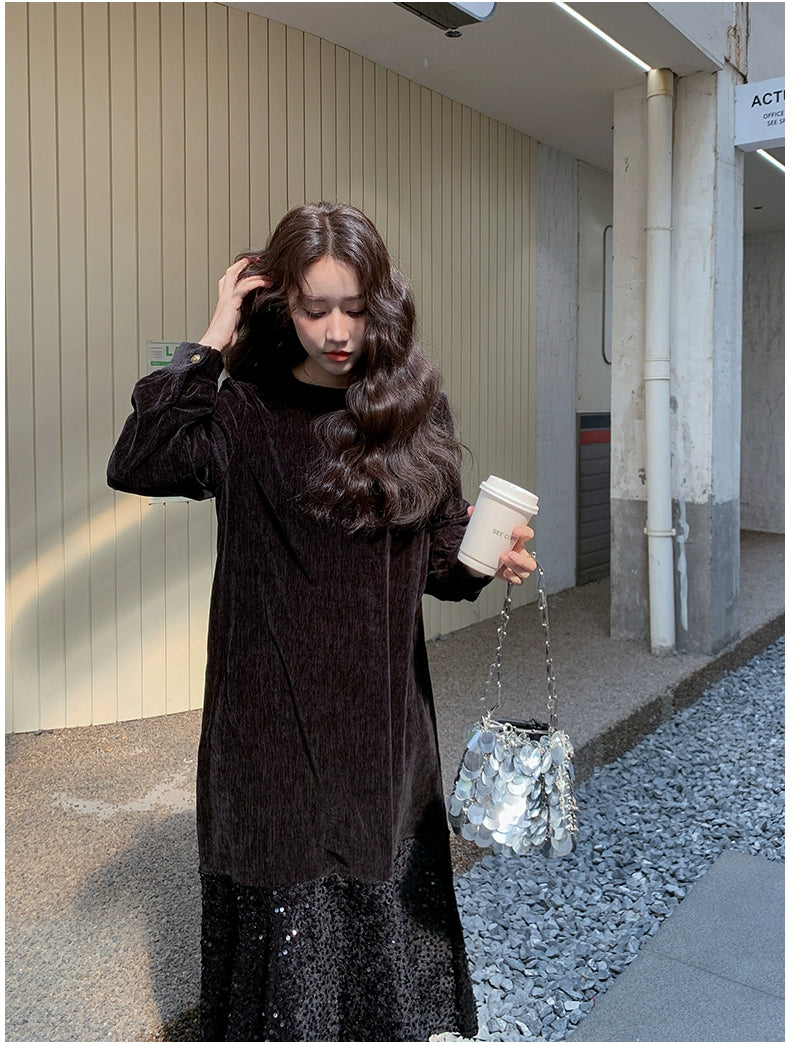 【ワンピース】オードリー風 ベロア 春 秋 冬 スパンコール 長袖 ワンピース【JZシリーズ】