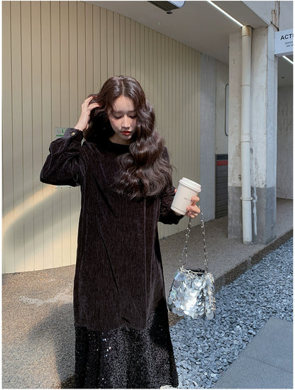 【ワンピース】オードリー風 ベロア 春 秋 冬 スパンコール 長袖 ワンピース【JZシリーズ】