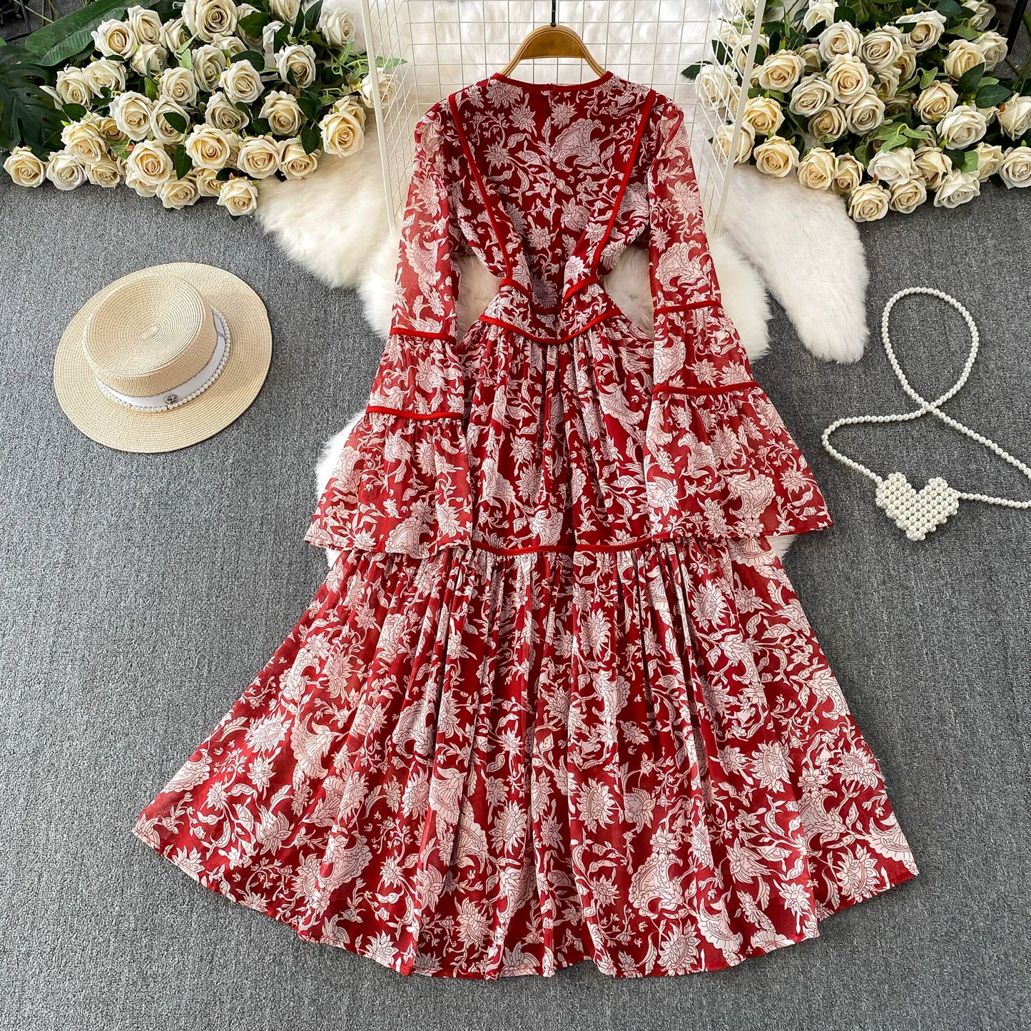 【ワンピース】大人エレガント♡フレンチレトロ 長袖 フリルワンピース｜ウエストマークで細見え【SHシリーズ】