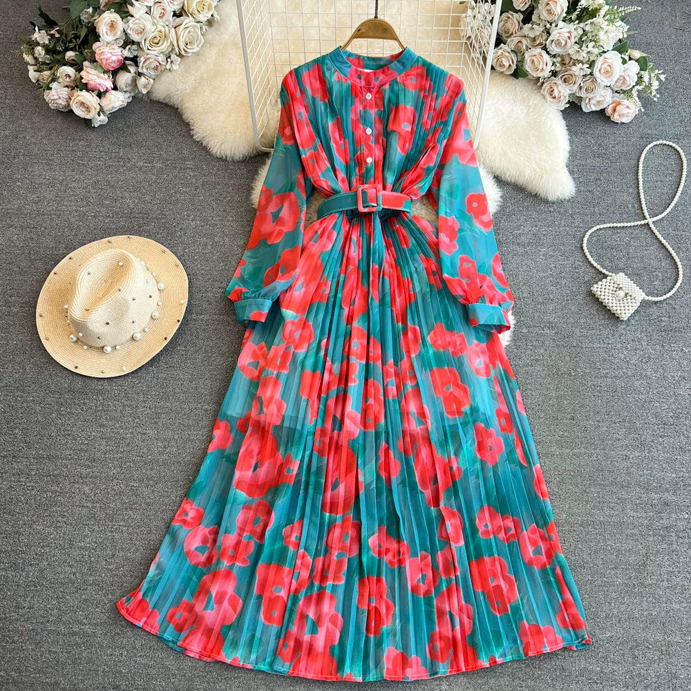 期間限定⭐60%OFF【ワンピース】美人見え確定✨ クラシック 花柄 プリーツ 長袖ワンピース｜高見え立襟＆ウエストマークで細見え【SHシリーズ】