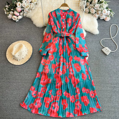 期間限定⭐60%OFF【ワンピース】美人見え確定✨ クラシック 花柄 プリーツ 長袖ワンピース｜高見え立襟＆ウエストマークで細見え【SHシリーズ】
