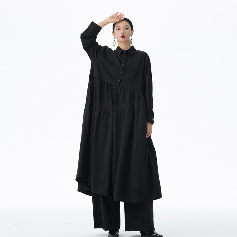 【ワンピース】フレンチ風 切替プリーツ  POLO襟 長袖ワンピース ゆるシルエット ロング【JZシリーズ】