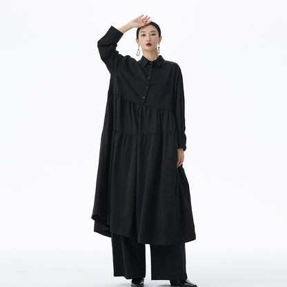 【ワンピース】フレンチ風 切替プリーツ  POLO襟 長袖ワンピース ゆるシルエット ロング【JZシリーズ】