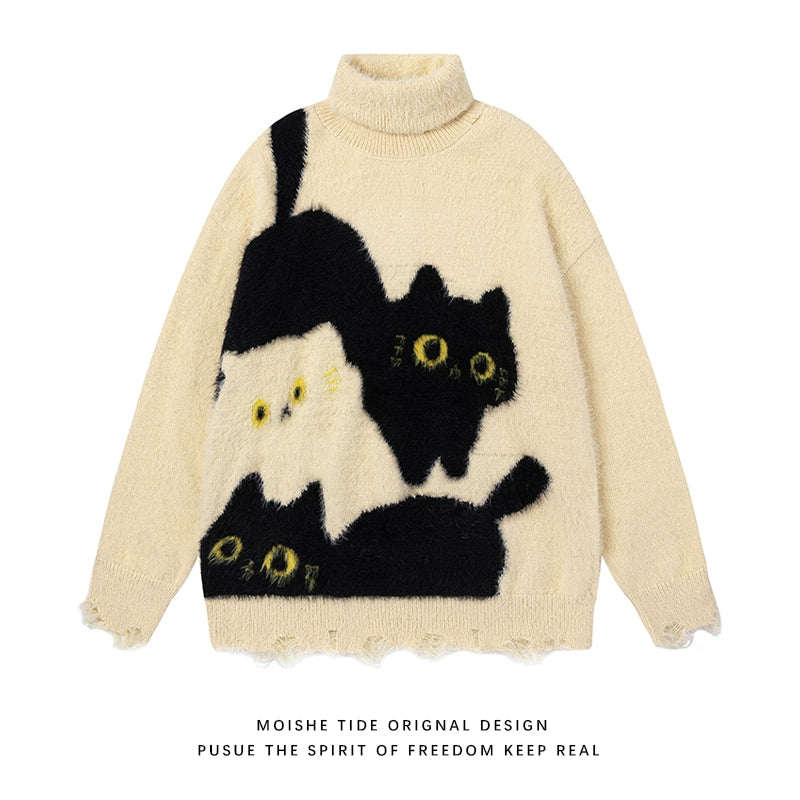 【トップス】秋冬 ねこ柄 破れ風 ダメージニット レトロ かわいい ゆったり 男女兼用 セーター【FCシリーズ】