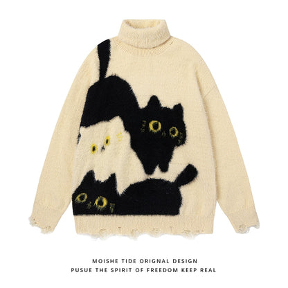 【トップス】秋冬 ねこ柄 破れ風 ダメージニット レトロ かわいい ゆったり 男女兼用 セーター【FCシリーズ】
