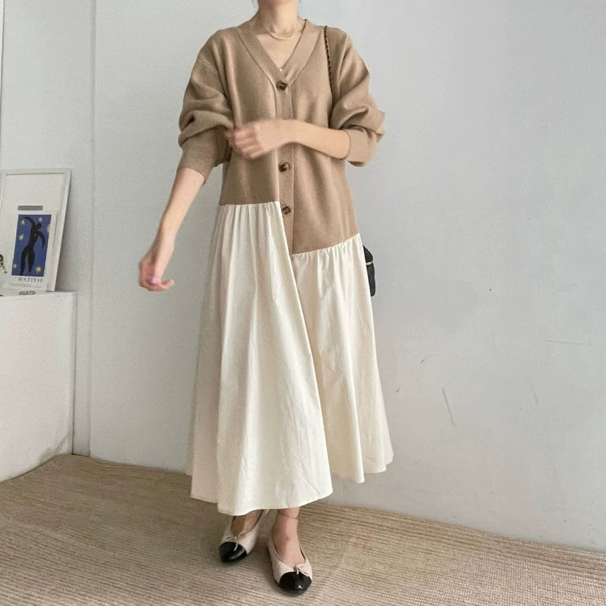 【24AW】【ワンピース】レジャー Vネック 配色 切り替え 長袖ワンピース