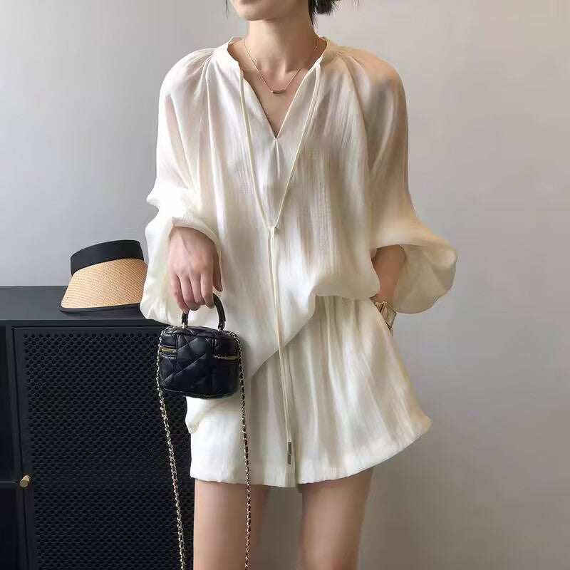 【セットアップ】🌞夏新作 レディース 日焼け対策 シャツ＋ワイドショートパンツ 2点上下セット カジュアル 上品見え 若見え【JZシリーズ】