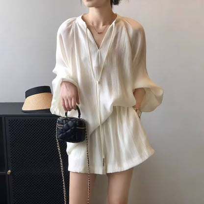 【セットアップ】🌞夏新作 レディース 日焼け対策 シャツ＋ワイドショートパンツ 2点上下セット カジュアル 上品見え 若見え【JZシリーズ】