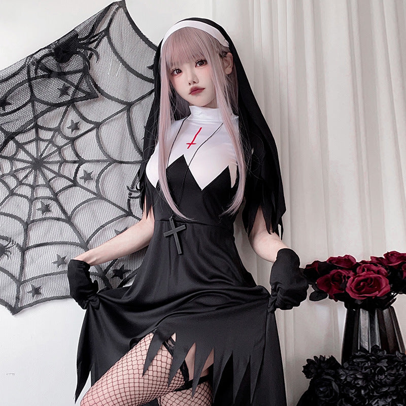 【ハロウィン】レディース コスプレ 修道女 十字架 聖母風 ダーク ロングドレス ステージ衣装