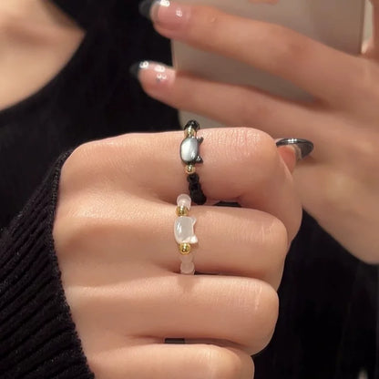 【🎁 B2G1｜先行スタート！】【グッズ】黒白ネコ レジン リング レディース カップル ペア 小众 可愛い 学生 ギフト