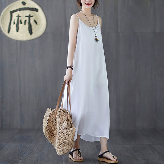 【ワンピース】夏新作 文芸系シンプル 無地キャミソールワンピース ゆったりロング丈 インナーとしても活躍