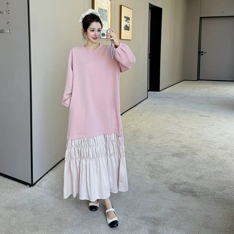 【ワンピース】プリーツ切替スウェットロングワンピース レディース 2026秋冬新作 韓国風 ゆったり 体型カバー 大人カジュアル【JZシリーズ】