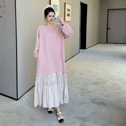 【ワンピース】プリーツ切替スウェットロングワンピース レディース 2026秋冬新作 韓国風 ゆったり 体型カバー 大人カジュアル【JZシリーズ】