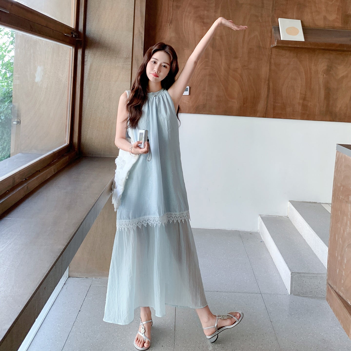 【ワンピース】フレンチ 気質美しい バカンス風 レースコンビネーション ノースリーブワンピース