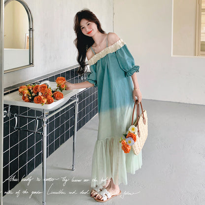 【ワンピース】夏 フレンチ温柔風 スウィート オフショルダーグラデーション 半袖ワンピース【SHシリーズ】