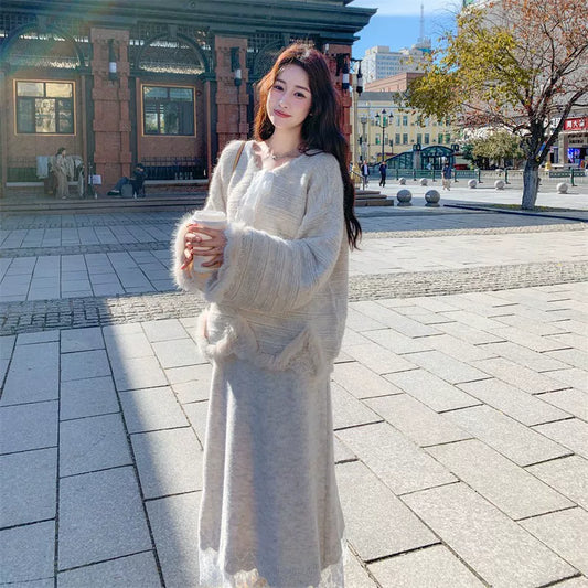 【セットアップ】韓国風 レース 気質よい 合わせやすい ニット生地 ニットセーター+スカート 2点セット【JZシリーズ】