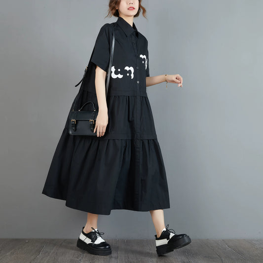 【ワンピース】大きいサイズ レディース 夏 ブラックワンピース シャツワンピース 半袖 ウエスト切替 ゆったり 美シルエット【JZシリーズ】