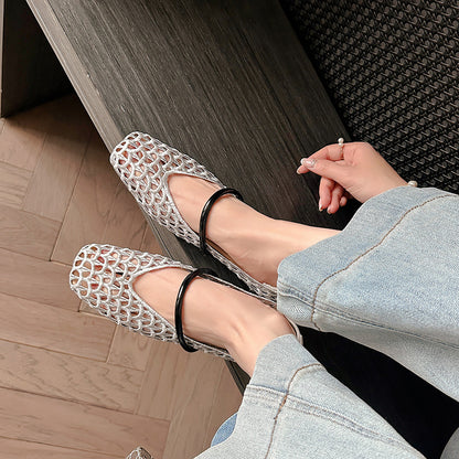 【シューズ】編み込みデザイン スクエアトゥ ワンストラップ バレエシューズ サンダル