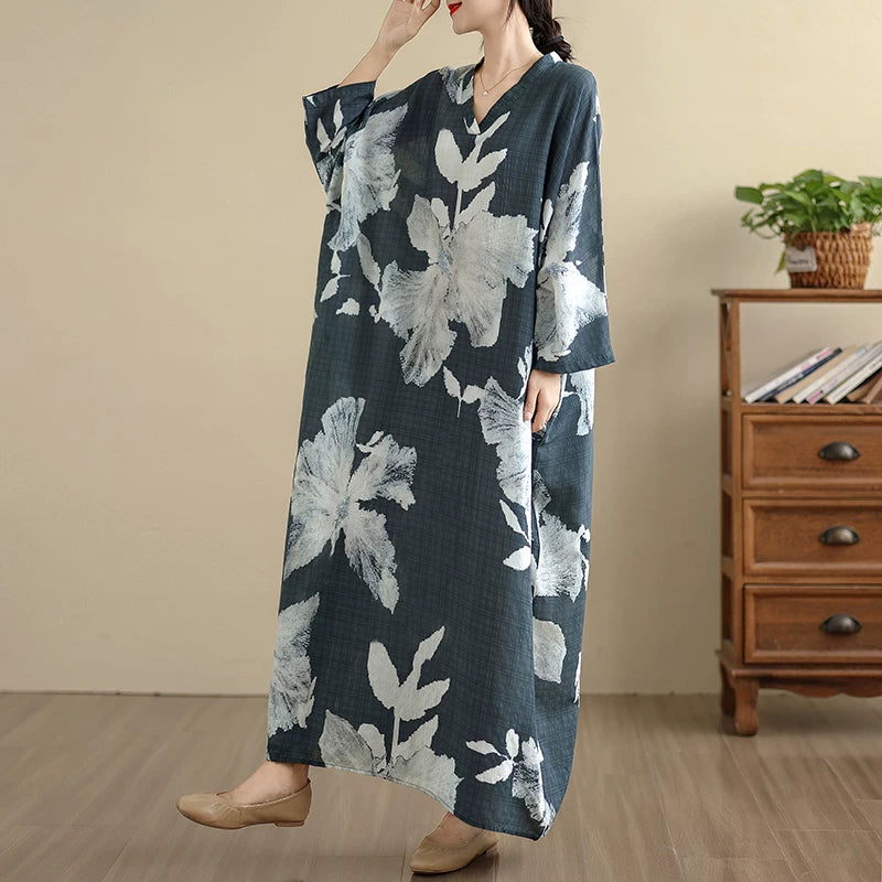 【60%OFF⭐️早い者勝ち】【ワンピース】新作 花柄 トラベル風 Vネック 長袖 9分袖 ロングワンピース 体型カバー ゆったり【SHシリーズ】