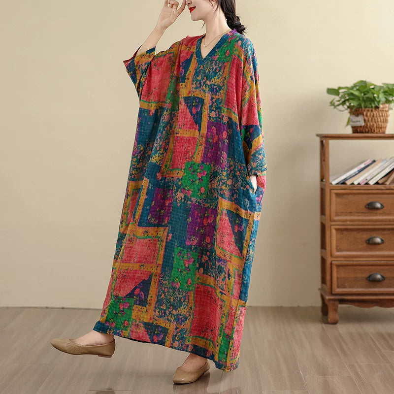 【60%OFF⭐️早い者勝ち】【ワンピース】大きいサイズ 花柄 リゾート風 Vネック レトロ 長袖ワンピース 体型カバー【SHシリーズ】