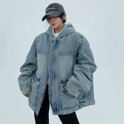 【アウター】韓国系 ヘビーウェイト ニッチ ダメージ加工 デニム ゆったり 綿入れコート【FCシリーズ】