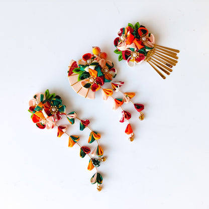 【セットアップ】夏 手作り布製  髪飾り つまみ細工風 和風ヘアアクセサリー 【SHシリーズ】