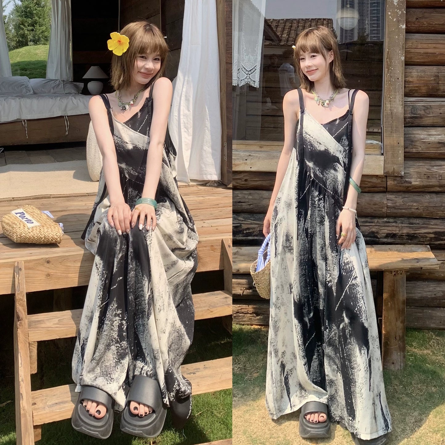 【ボトムス】夏新作 アート×ヴィンテージ 水墨画柄 ゆる感サロペット ワイドシルエット オールインワン【SHシリーズ】