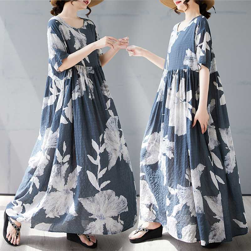 【ワンピース】夏 プリント 花柄 ゆるリラックス ラウンドネック 半袖 ワンピース 【SHシリーズ】