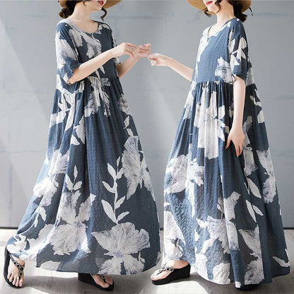 【ワンピース】夏 プリント 花柄 ゆるリラックス ラウンドネック 半袖 ワンピース 【SHシリーズ】