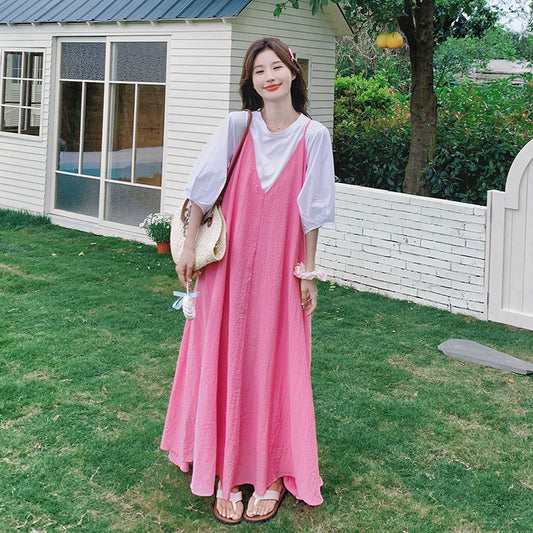 2点セット！【セットアップ】夏 ドーパミンカラー おしゃれレイヤード ゆったりTシャツ＋ピンクキャミワンピース 2点セット【JZシリーズ】