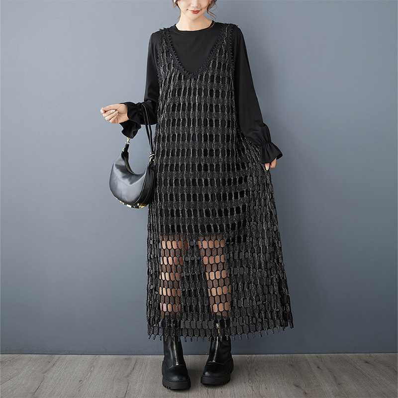 【ワンピース】デザイン感 シルバーラメ メッシュ ベストワンピース＋無地 長袖Tシャツ 2点セット ゆったり【AHシリーズ】