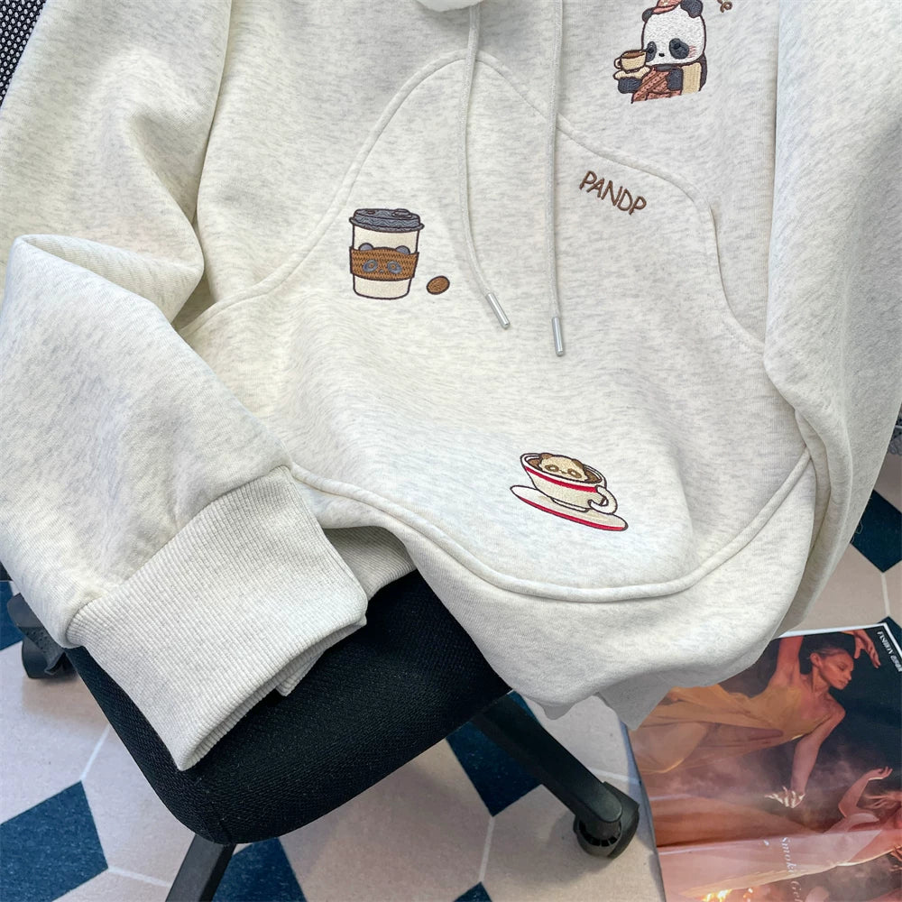 【トップス】🐼 韓国風 カートゥーン パンダ刺繍 フード付きパーカー レディース 秋 ゆったり【FCシリーズ】