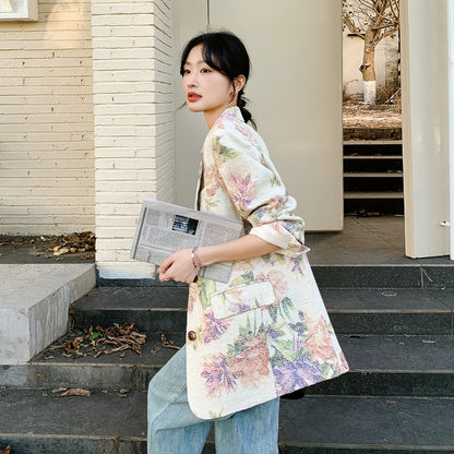 復古碎花印花西裝外套｜個性俐落翻領長袖短版夾克【JZ系列】