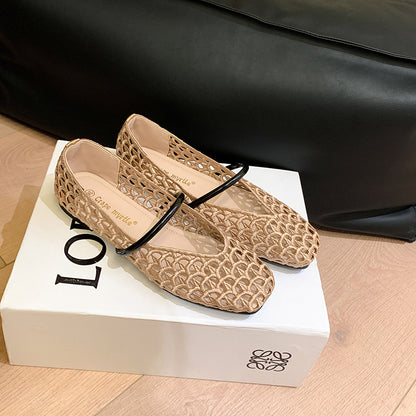 【シューズ】編み込みデザイン スクエアトゥ ワンストラップ バレエシューズ サンダル