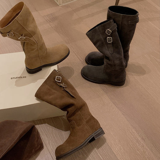 【シューズ】秋冬 新作 厚底 ラウンドトゥ ライダーブーツ レディース【15~20日発送】