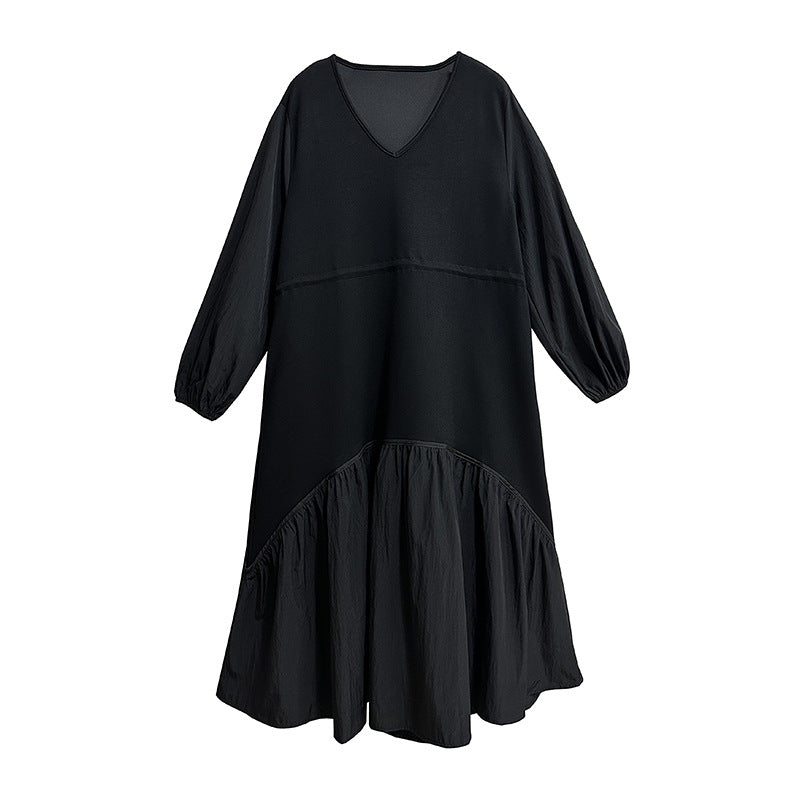 【ワンピース】細見え 日系 Vネック 無地 長袖ワンピース 切替デザイン ゆったり 気質ロング【JZシリーズ】【AHシリーズ】