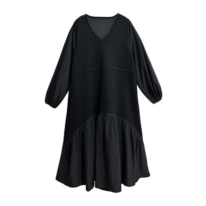 【ワンピース】細見え 日系 Vネック 無地 長袖ワンピース 切替デザイン ゆったり 気質ロング【JZシリーズ】【AHシリーズ】